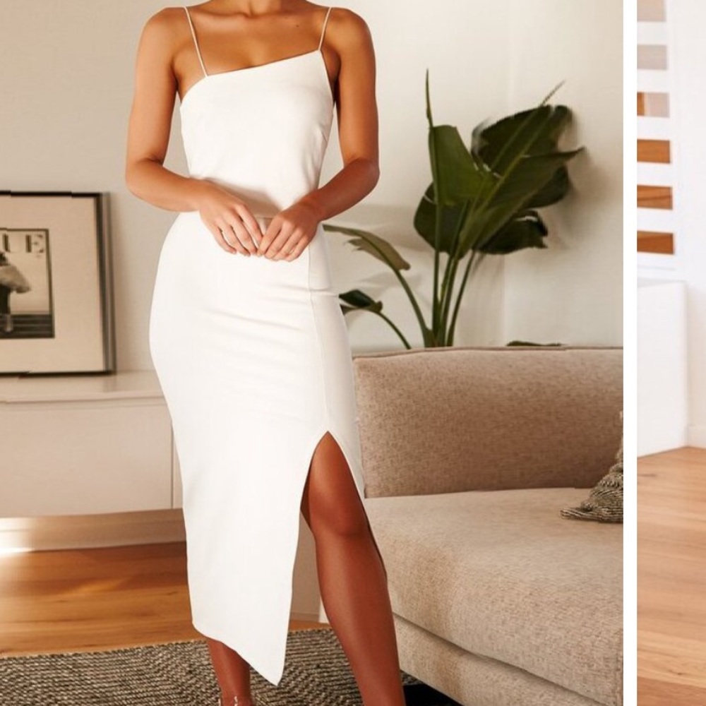 White asymmetrical midi dress w slit